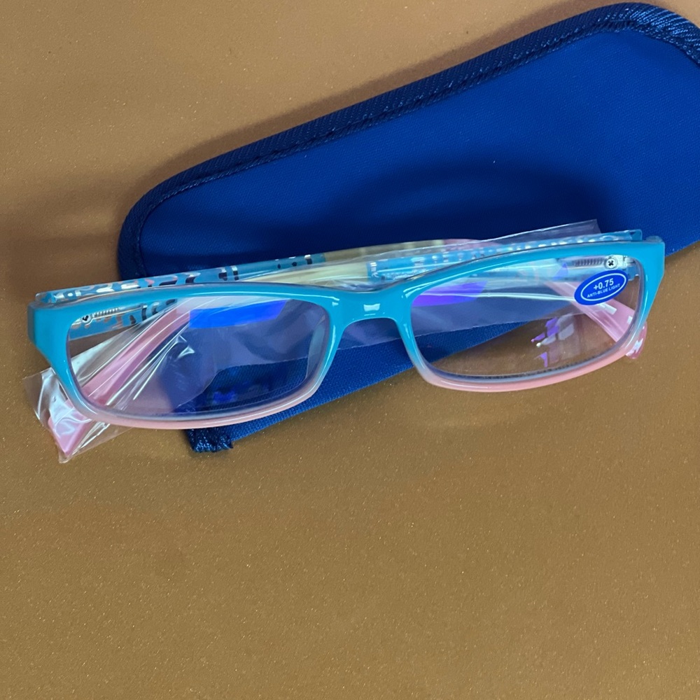 Blue and Pink Reader Glasses With Soft Cover